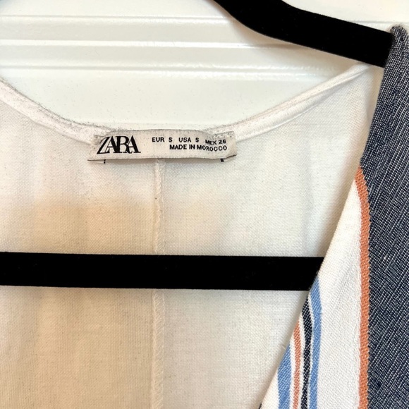 Zara White Short Sleeve Front Tie Top with Stripes - Picture 3 of 4